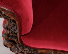 Load image into Gallery viewer, Antiikkinen 2-istuttava samettisohva punainen
