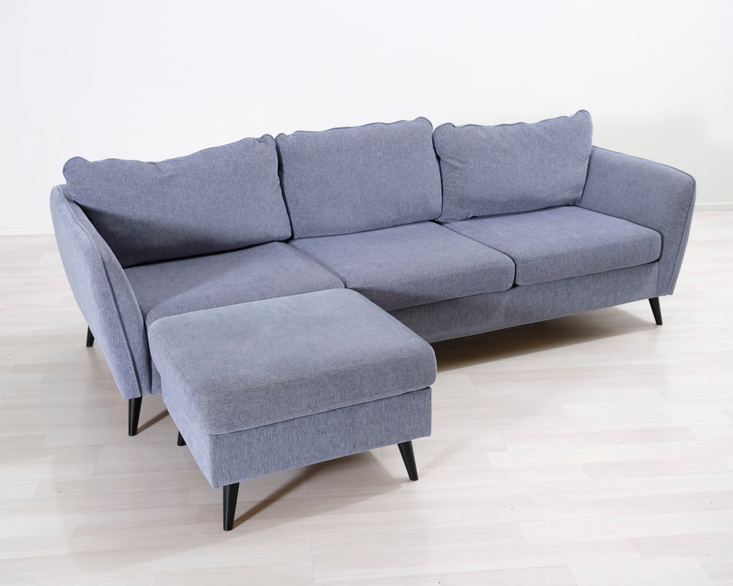 3-istuttava kangassohva ja rahi siniharmaa