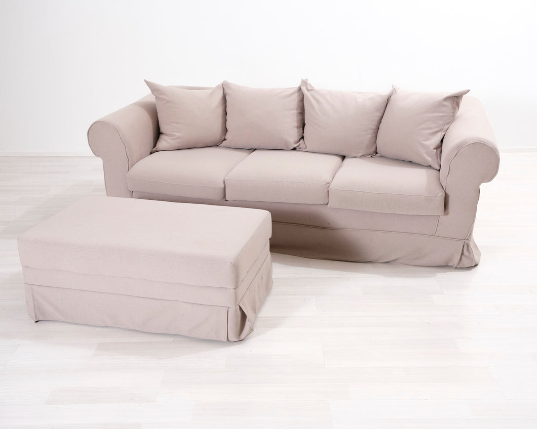 3-istuttava kangassohva ja rahi beige